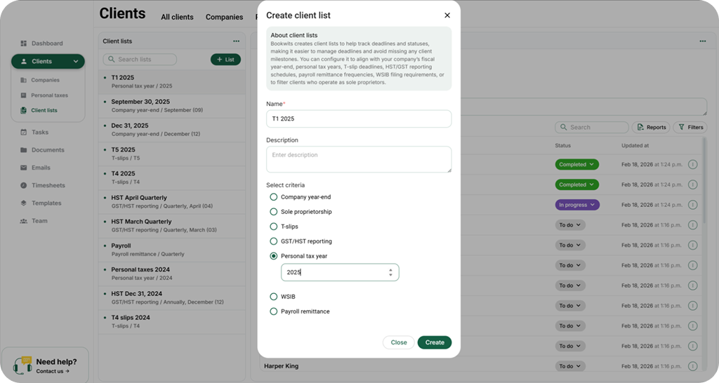 Capture d'ecran de creation de liste client
