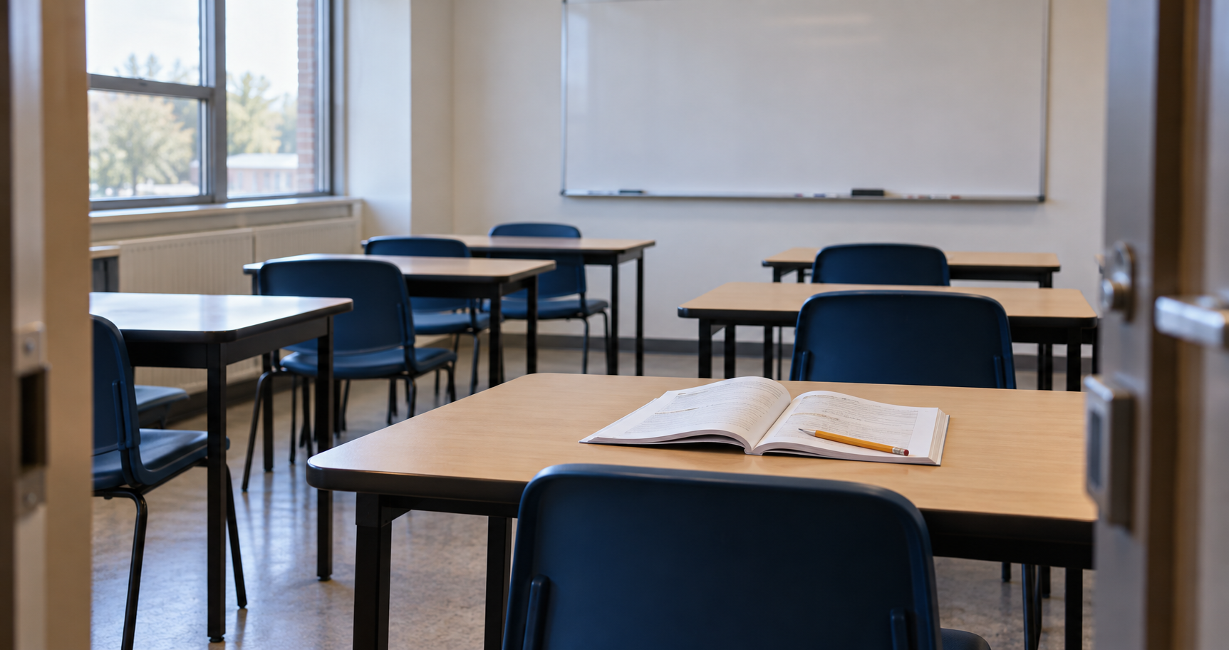 An empty classroom with rows of desks, an open workbook and a pencil.