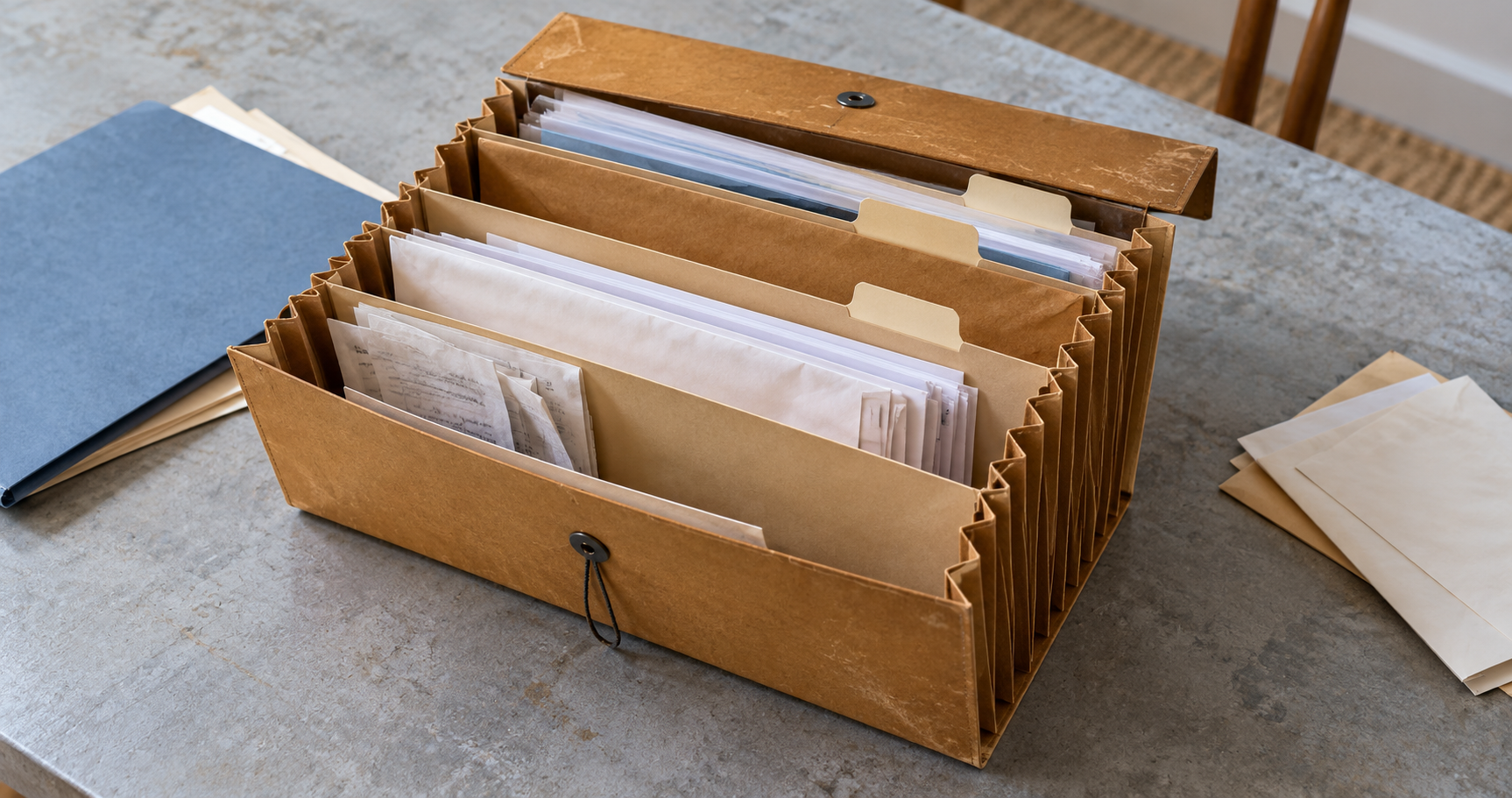 An expanding document wallet holding sorted papers and envelopes beside a closed notebook.