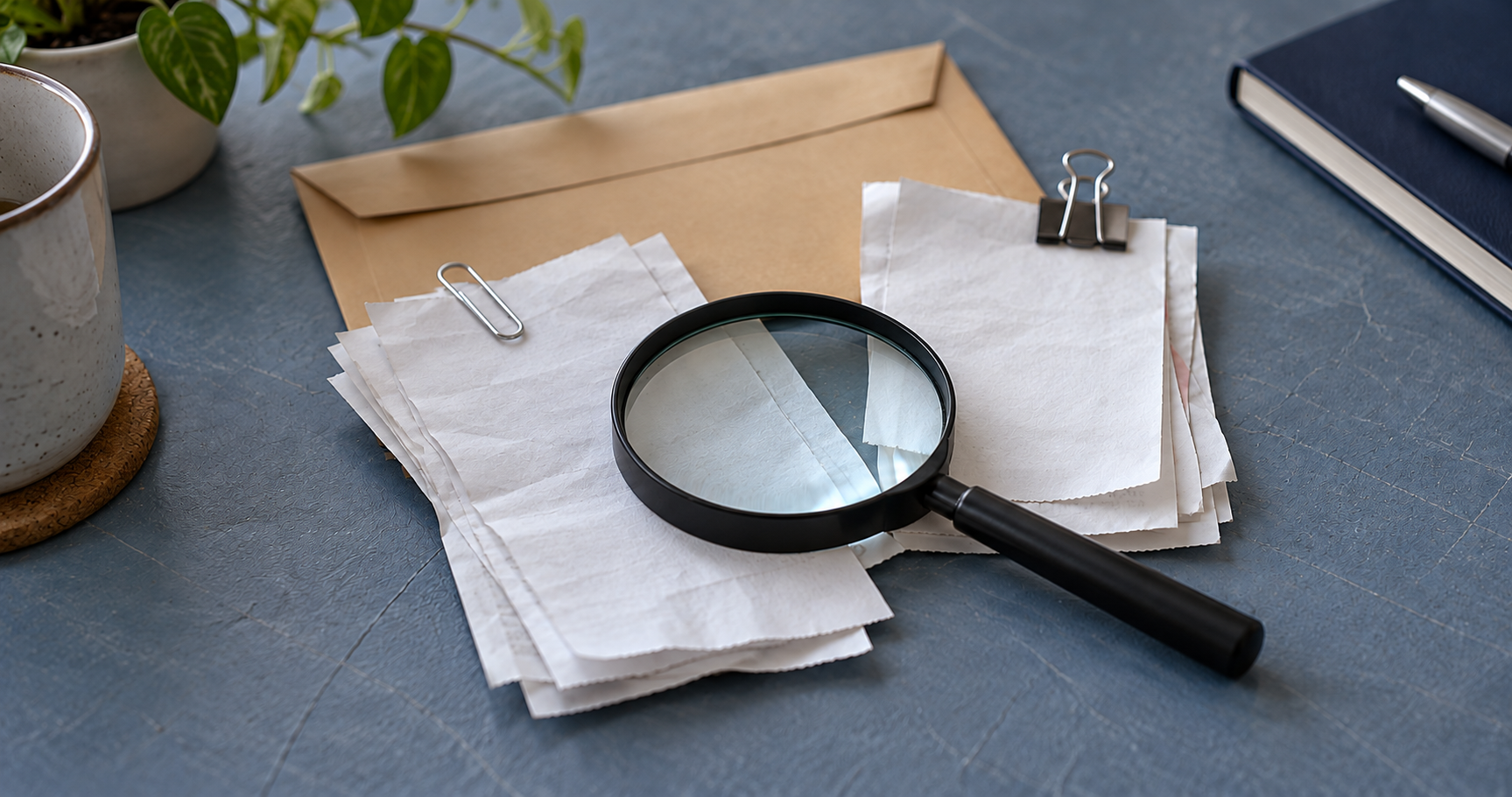 Une loupe sur des reçus vierges retenus par des pinces à côté d'une enveloppe.