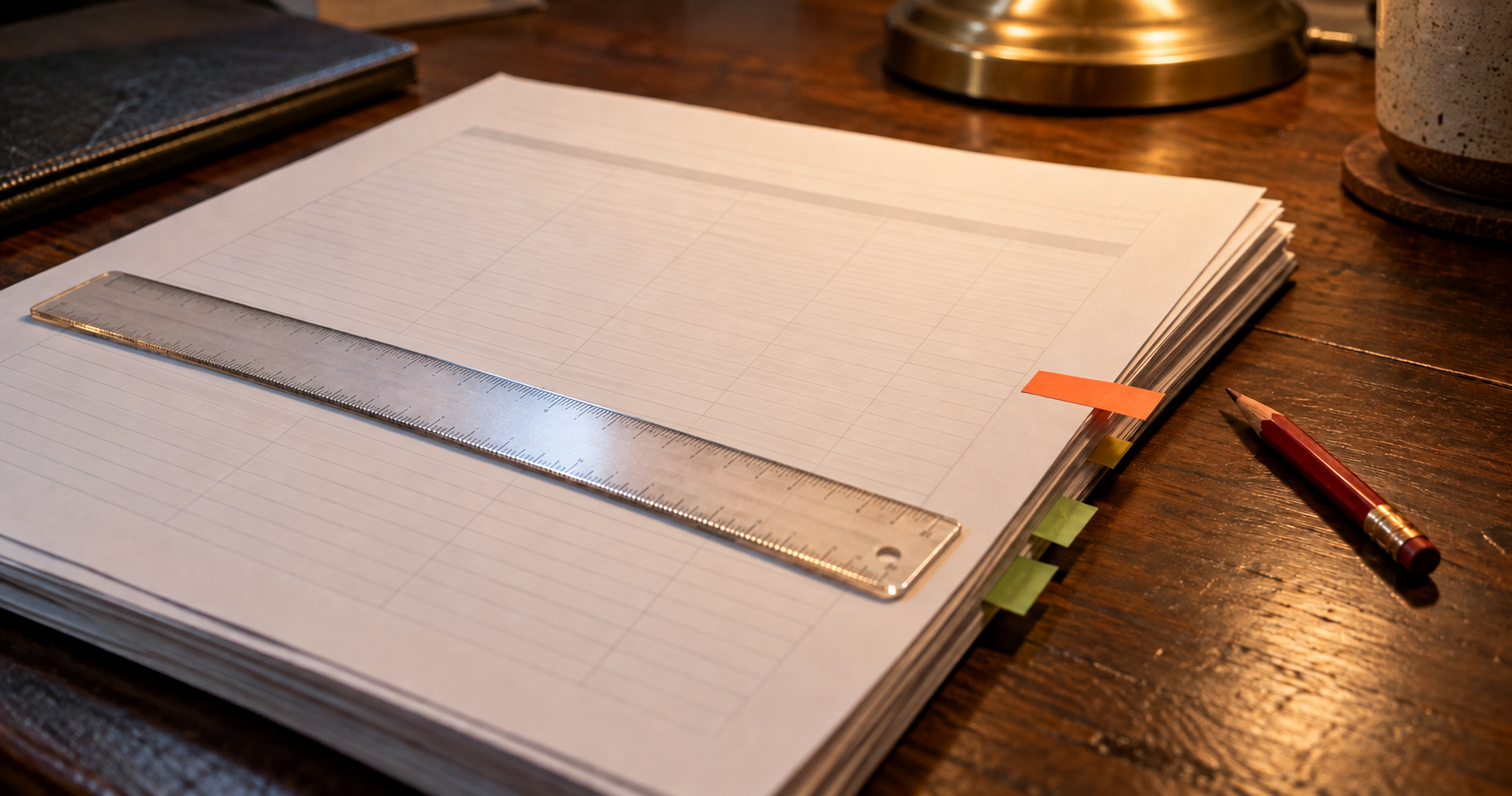 A blank worksheet packet with coloured tabs, a ruler and a pencil on a wooden desk.