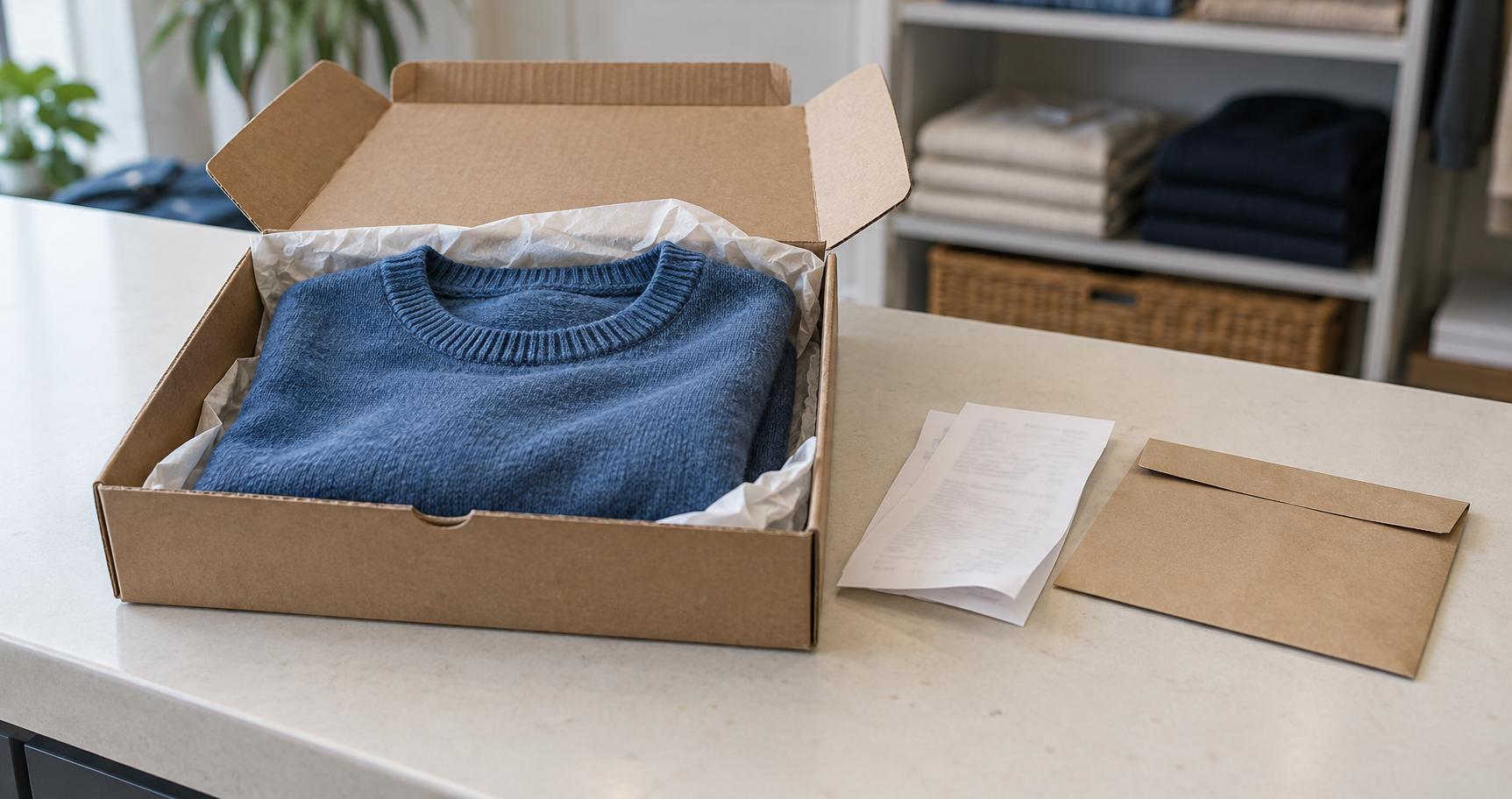 A folded blue sweater in an open return box beside a receipt and an envelope.