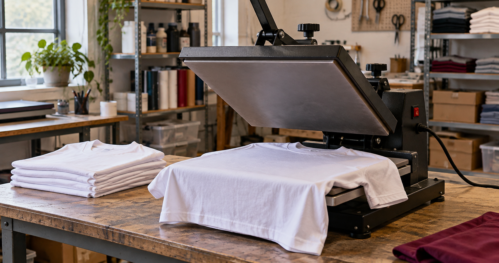 Une presse à chaud pour l'impression textile à côté d'un t-shirt blanc et d'une pile de chandails pliés dans un atelier.