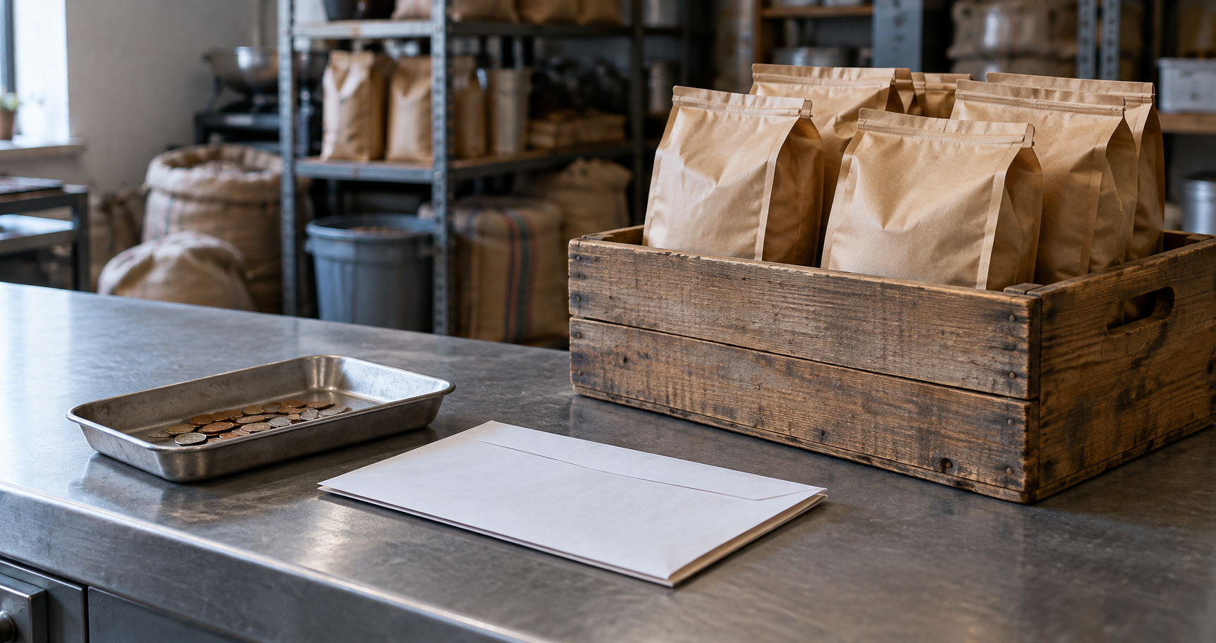 A tray of coins, paperwork and a wooden crate of coffee bags on a shop counter.