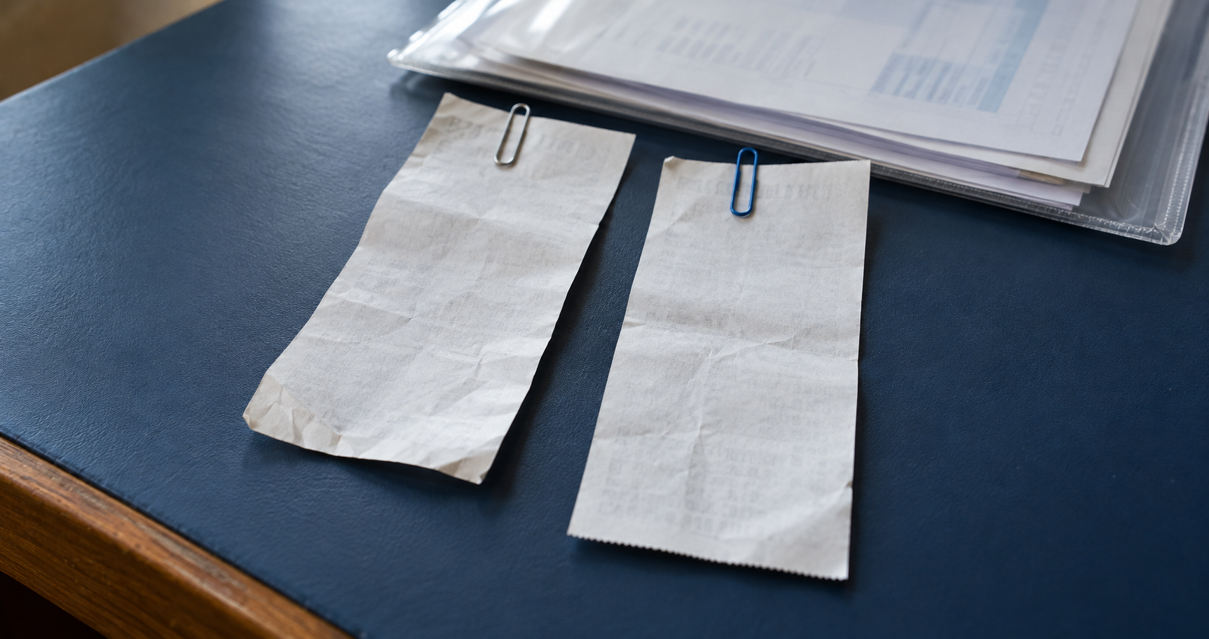 Two similar paper slips with different paper clips beside a folder of records.