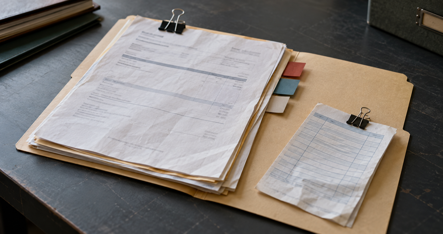 Des dossiers à onglets et des feuilles de comptes fixées par des pinces, disposés sur un bureau pour révision.