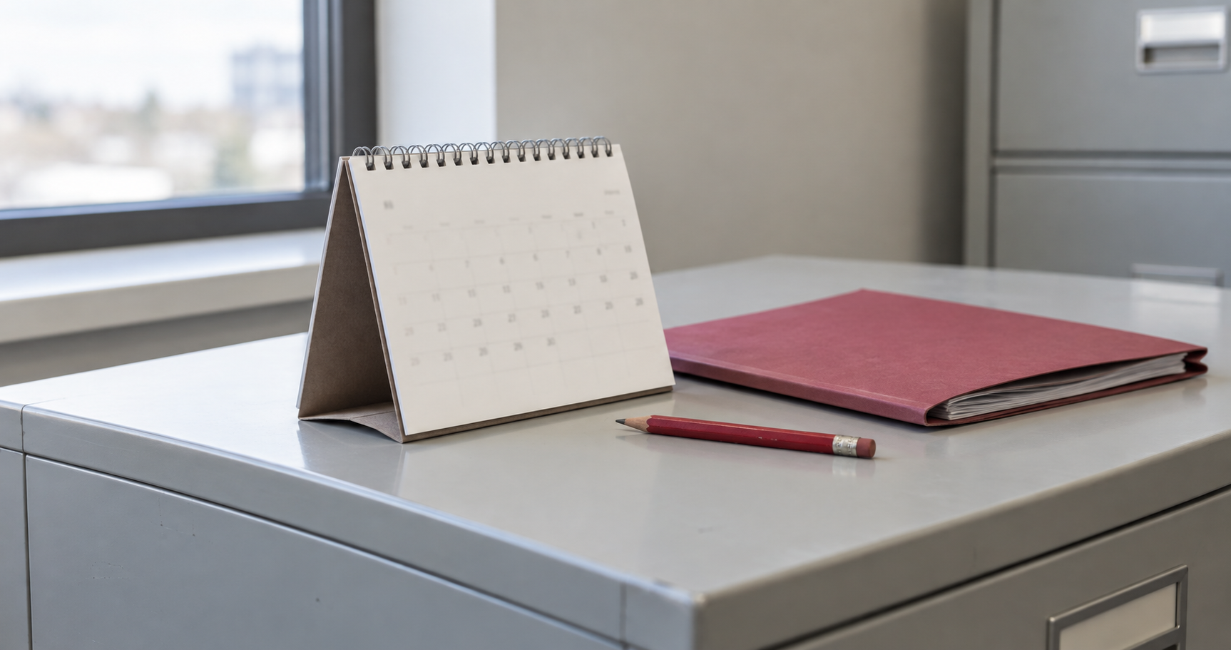 A desk calendar beside a red notebook and pencil on an office cabinet.