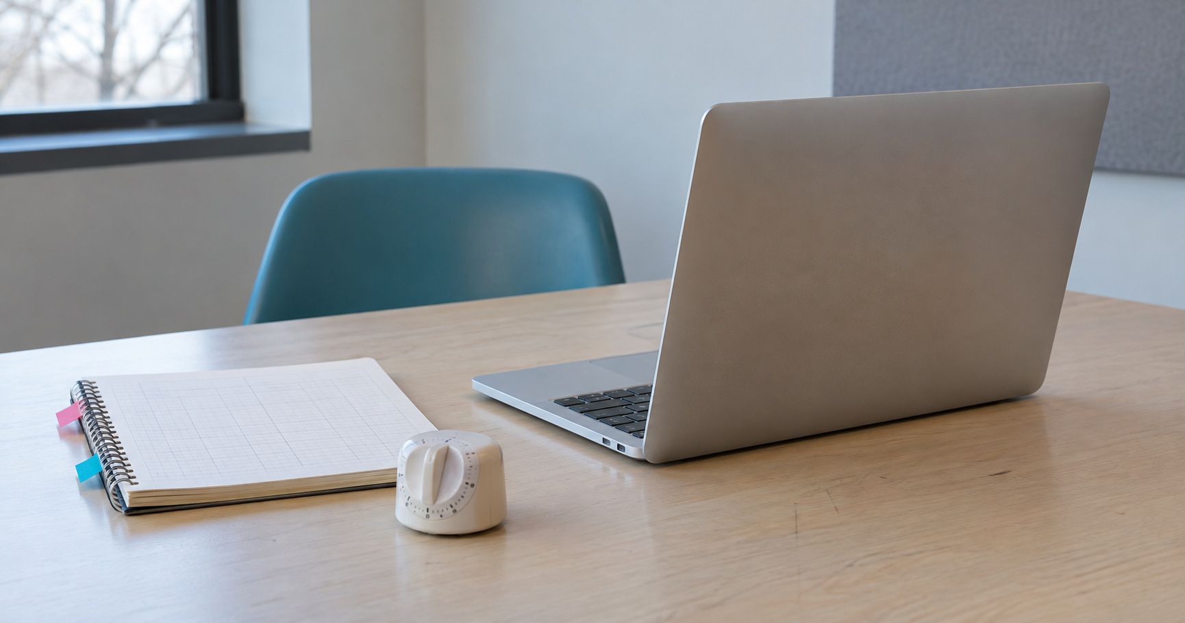 An open laptop, notebook and mouse on a quiet meeting-room table.