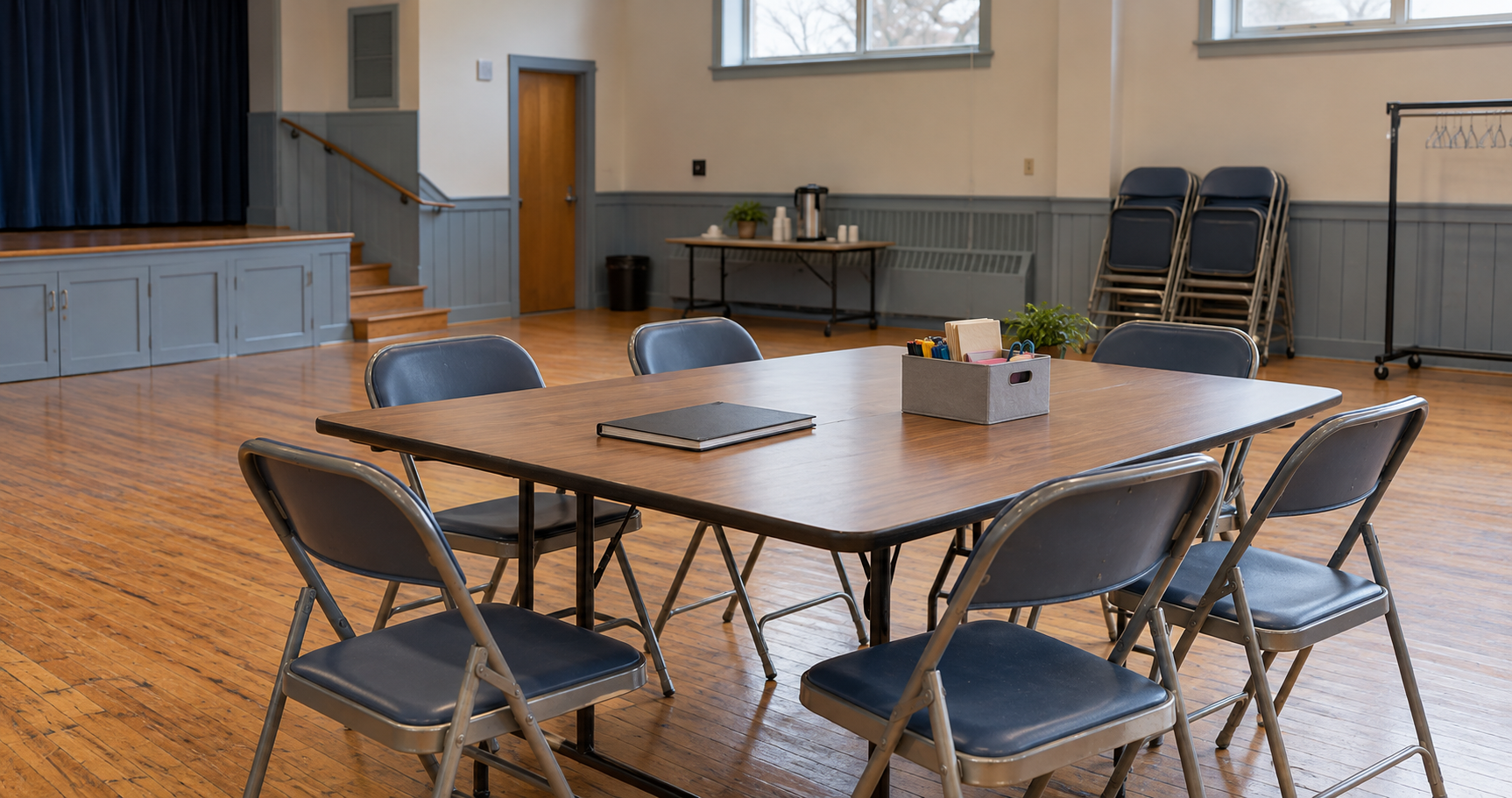 An empty community hall with chairs around a meeting table holding a notebook and supplies.