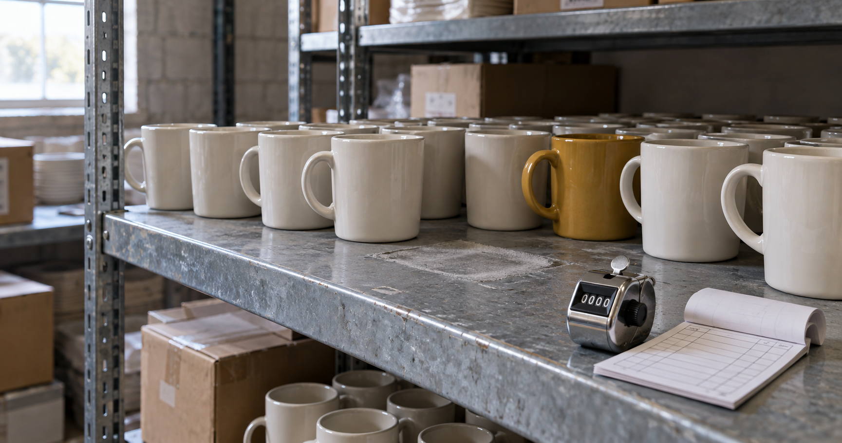 Une rangée de tasses sur une étagère de réserve, avec un compteur manuel et un carnet à proximité.