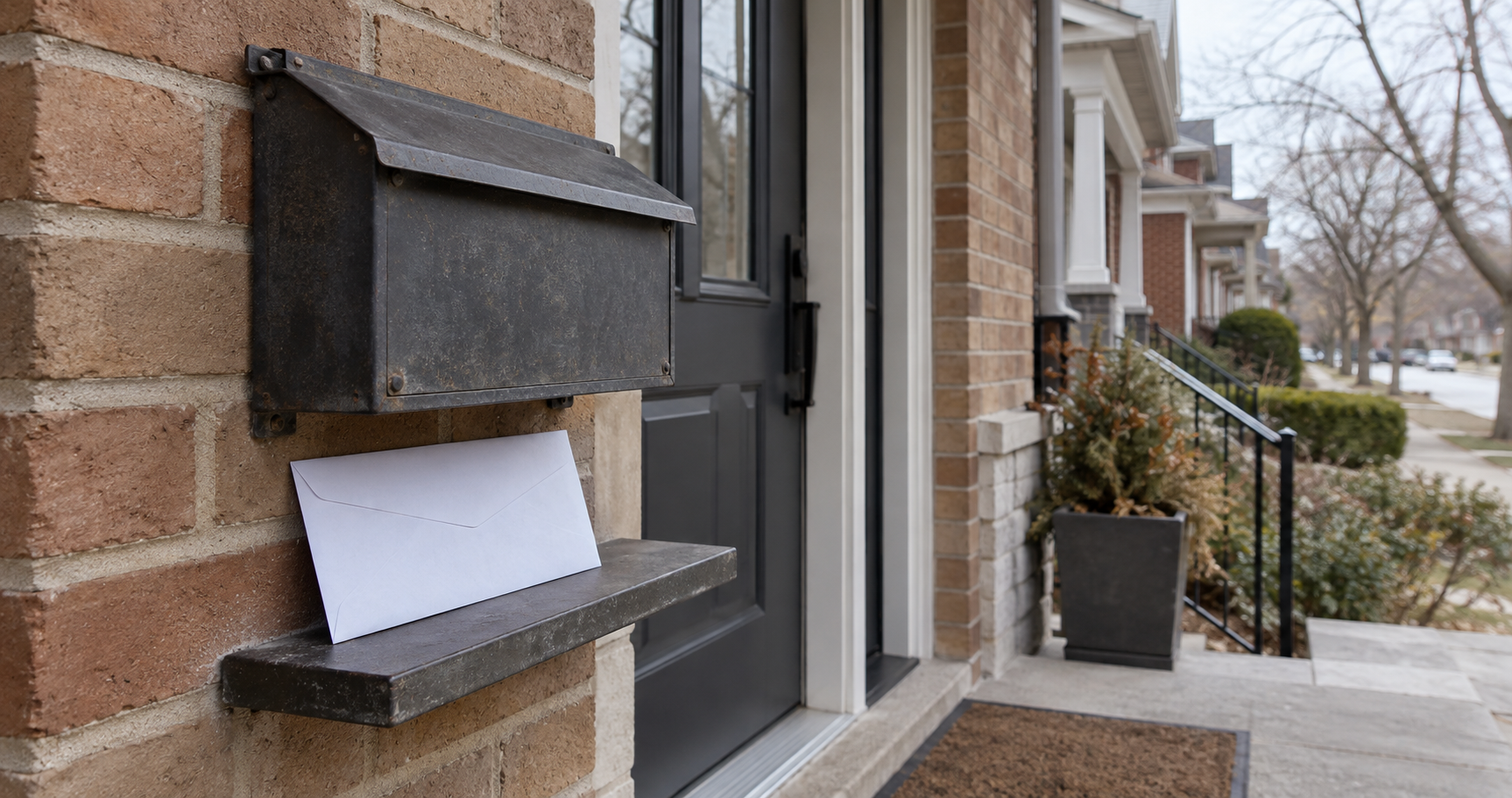 A white envelope beneath a metal letterbox outside a brick home.