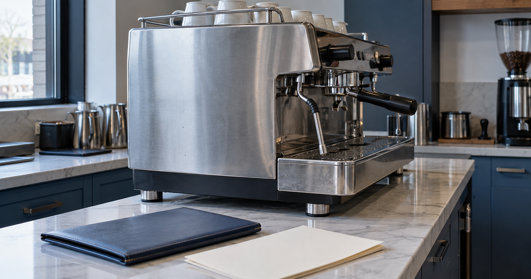 Une machine à espresso avec un dossier fermé et des documents sur le comptoir.