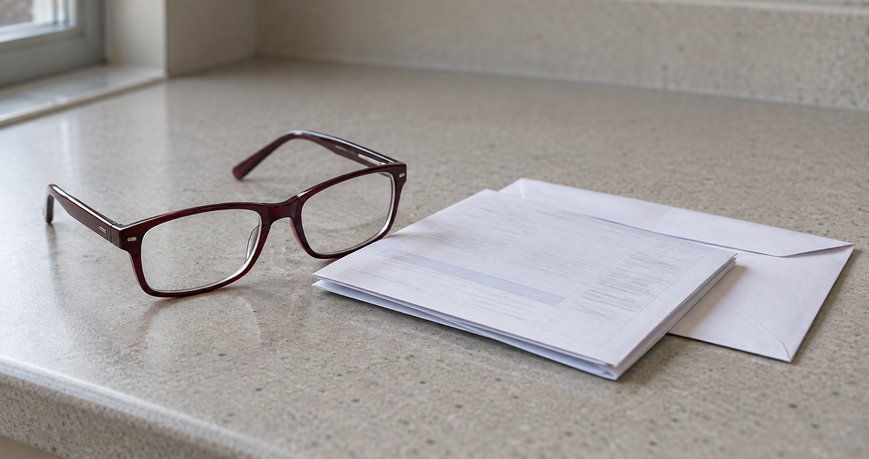 Reading glasses beside a folded pay statement and an envelope on a counter.