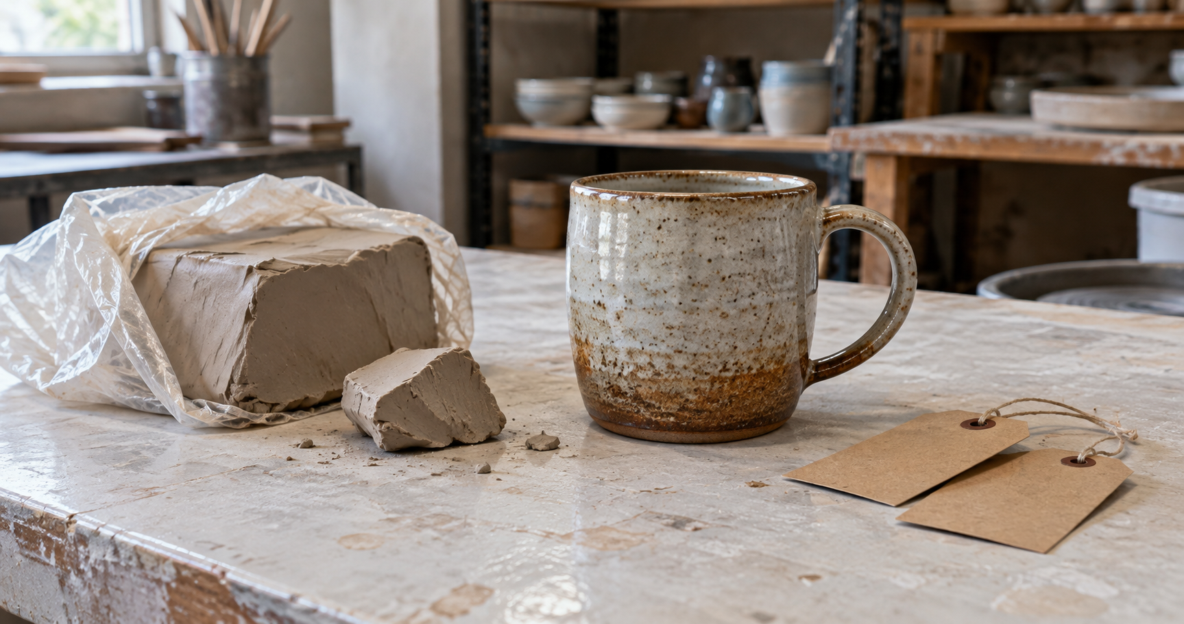 De l'argile brute, une tasse en céramique terminée et des étiquettes de prix vierges sur une table de poterie.