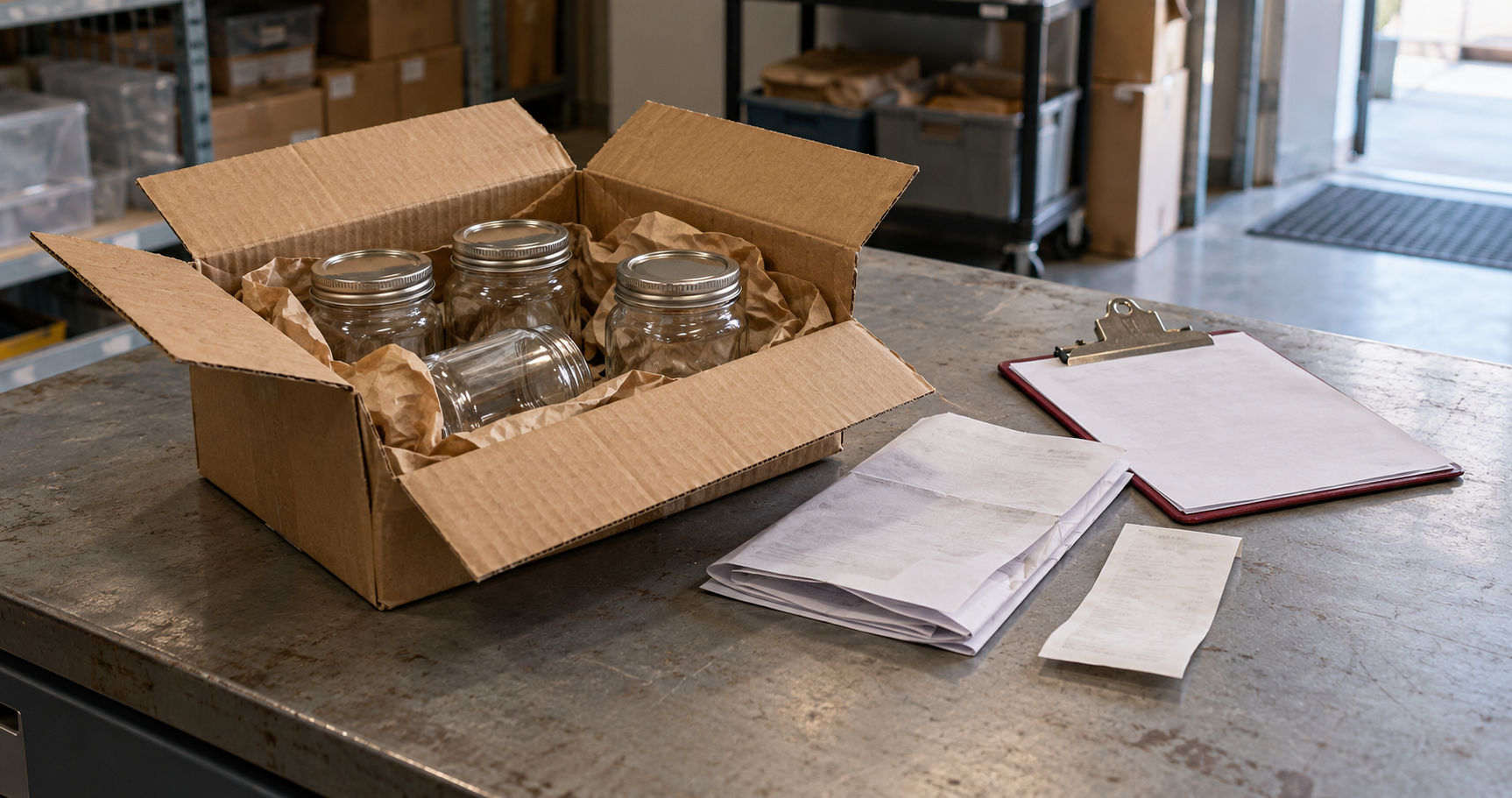 An open carton of glass jars beside paperwork, a receipt and a clipboard on a receiving bench.