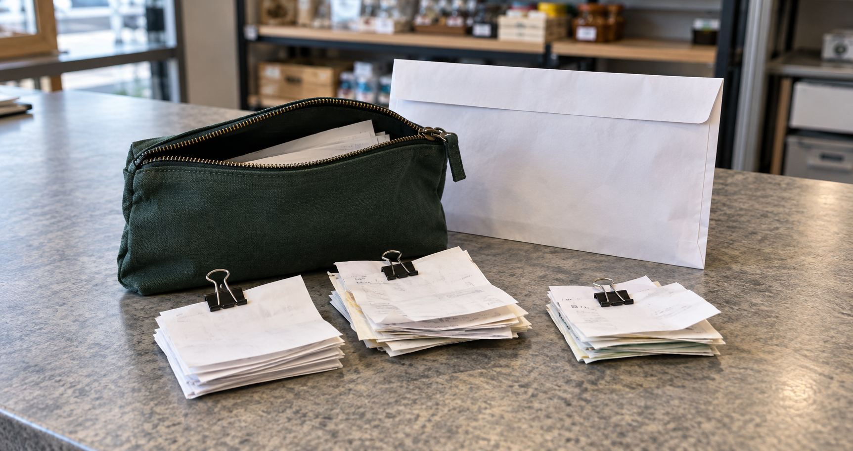 Trois liasses de documents de paiement fixées par des pinces, à côté d’une pochette en toile et d’une enveloppe.