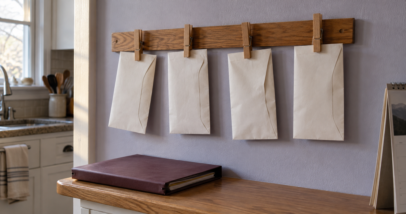 Trois pochettes de papier sur un tableau de planification dans une cuisine, au-dessus d’un carnet fermé.