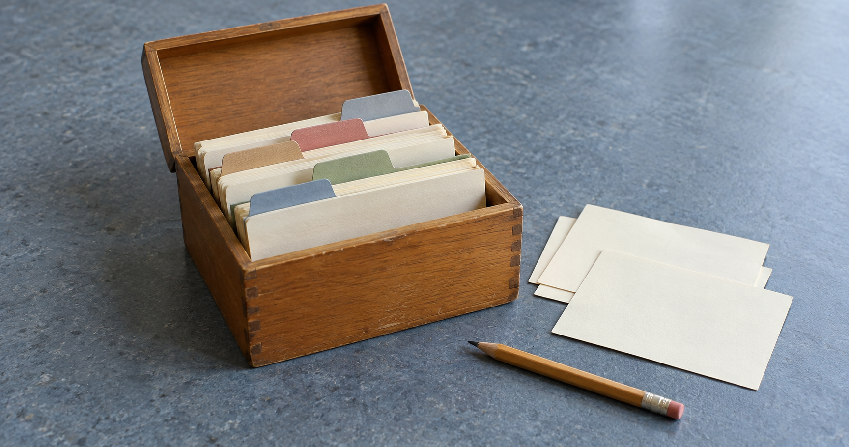 A wooden box of index cards with coloured dividers beside blank cards and a pencil.