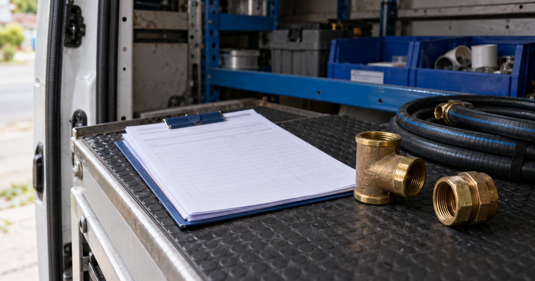 A clipped invoice packet beside brass plumbing fittings and coiled hoses.