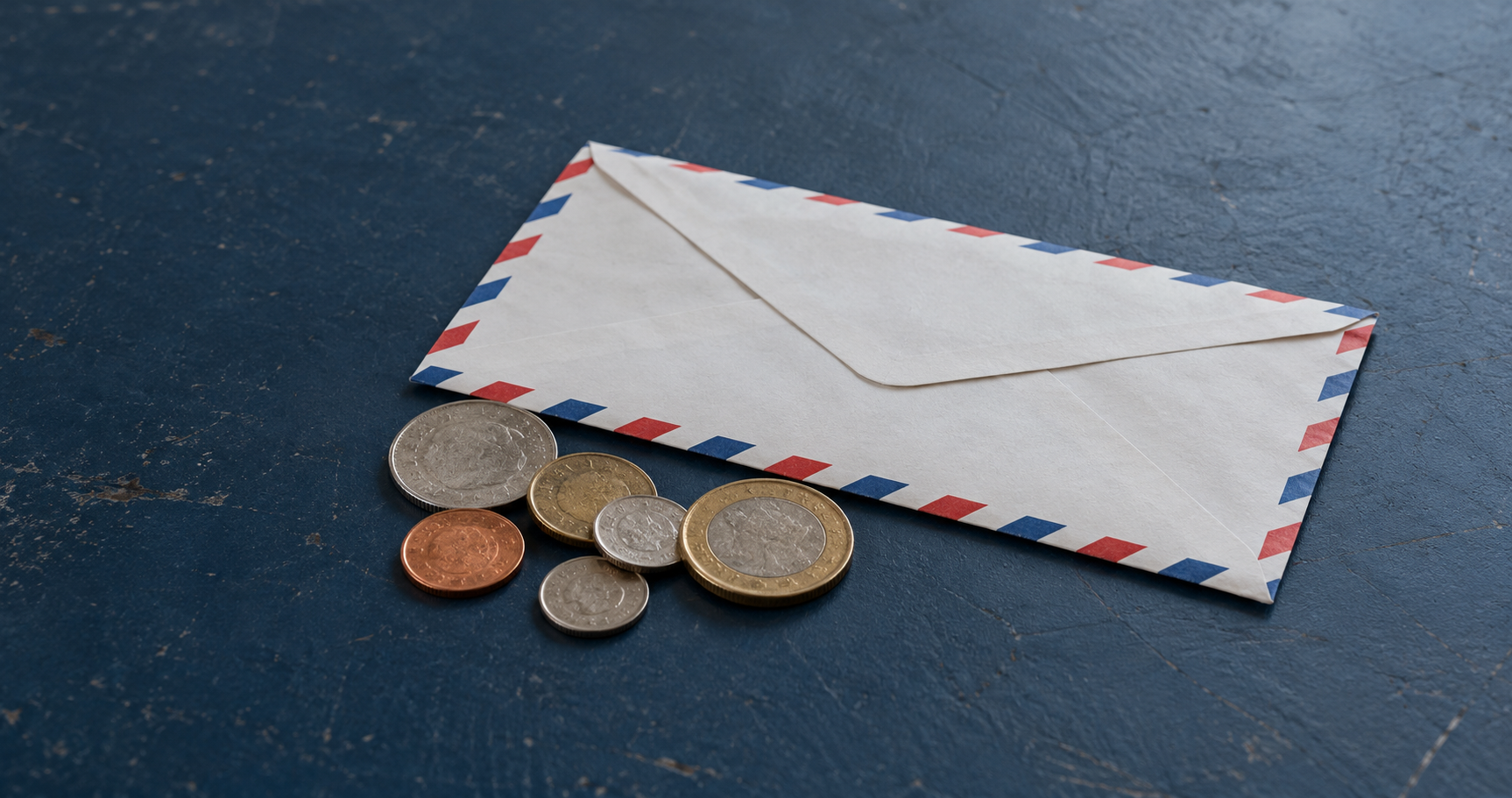 Des pièces de différentes devises à côté d'une enveloppe de courrier aérien sur une table sombre.