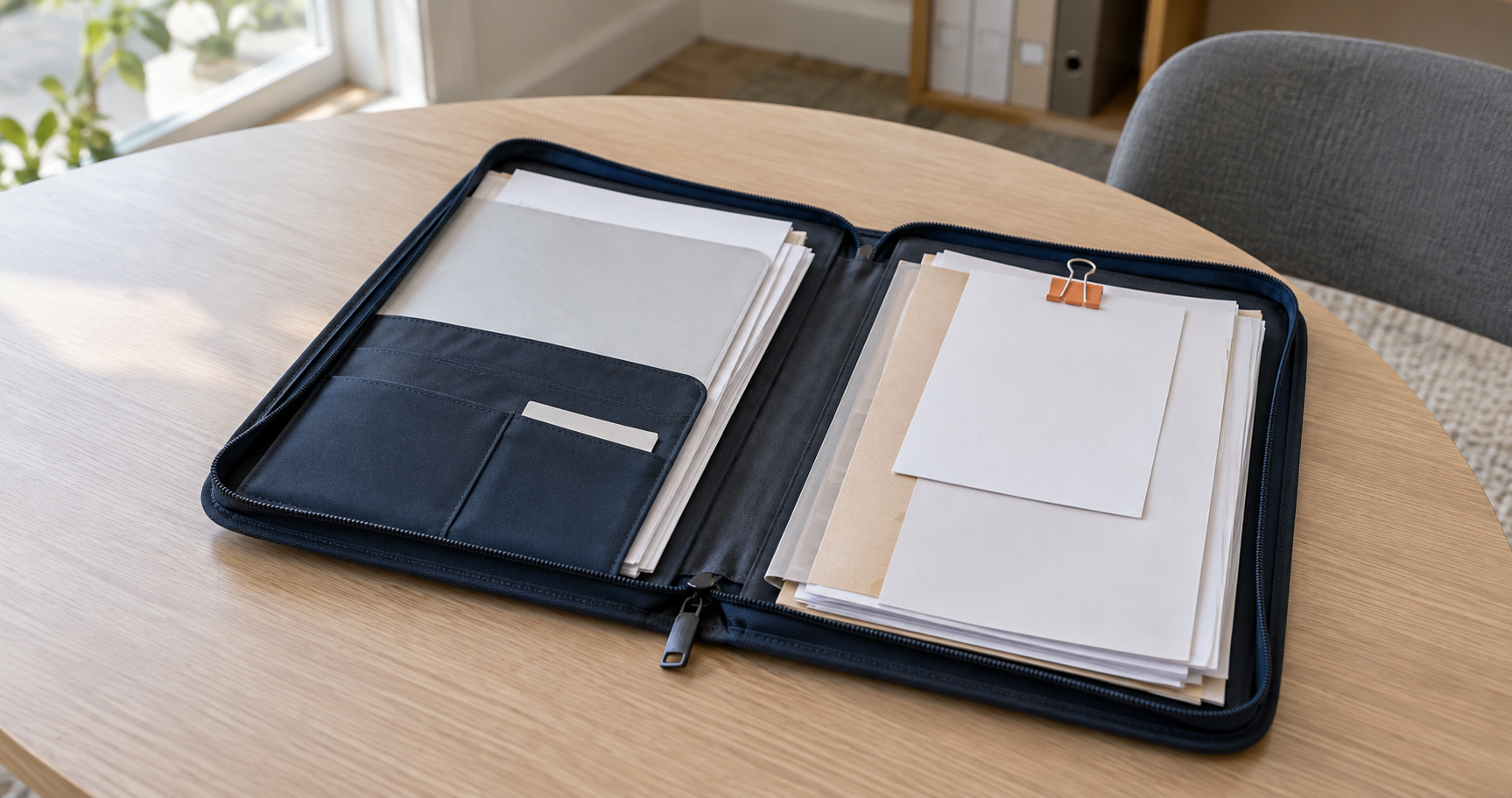 An open zipped document portfolio with blank papers and a clipped note on a desk.