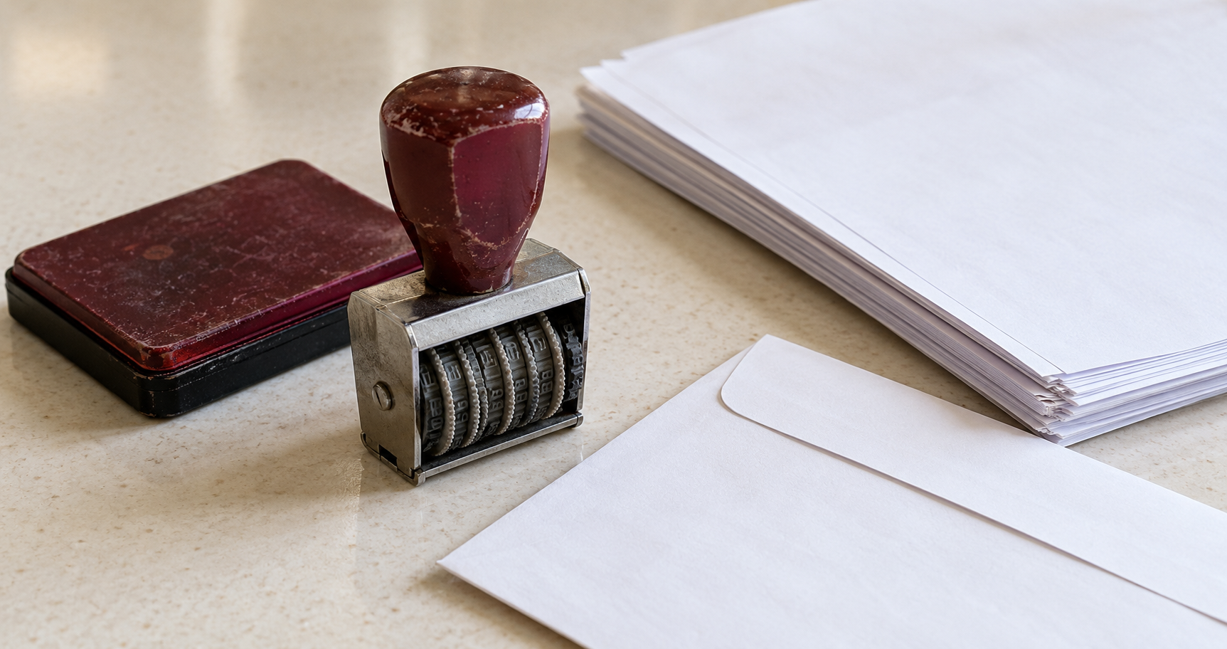 A date stamp and ink pad beside a stack of papers and an envelope.