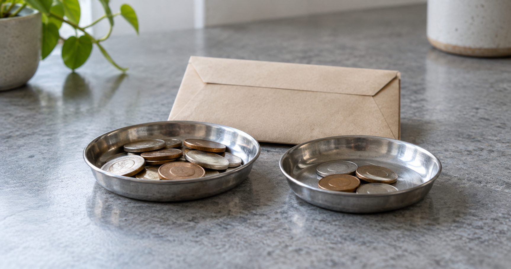 Coins divided between two metal dishes with a closed envelope behind them.