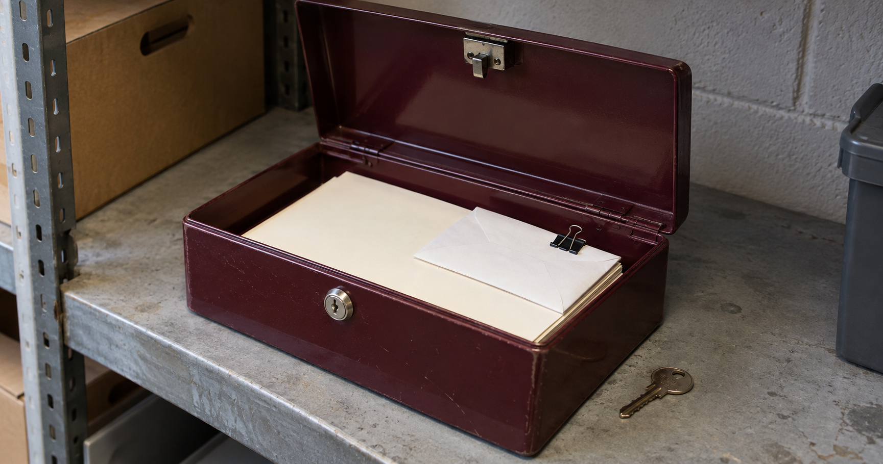 An open document lockbox containing papers, with its key on the shelf.