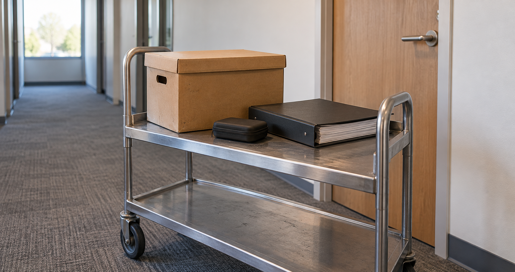 An archive box and closed binders on a trolley in an office corridor.
