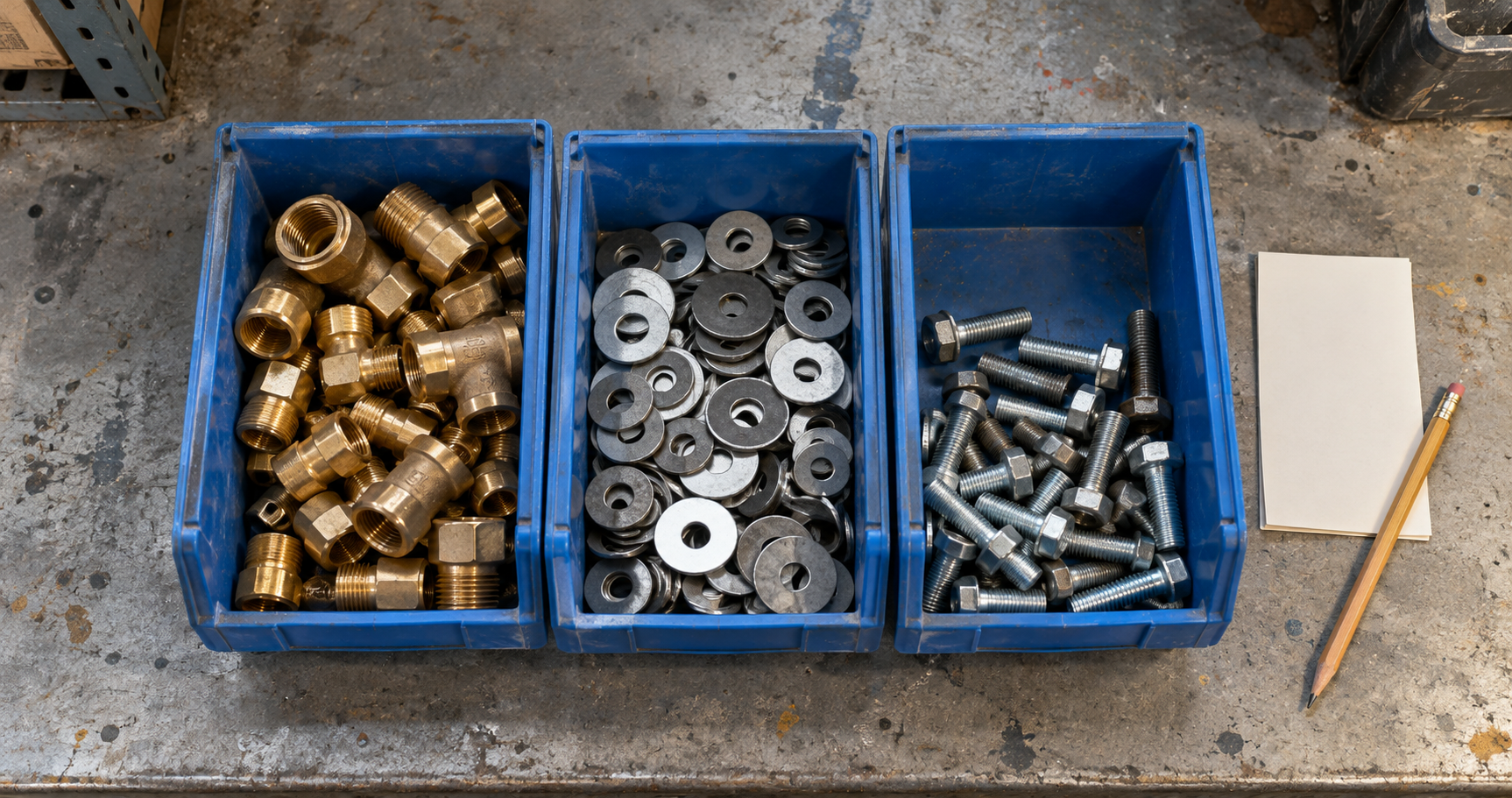 An overhead view of blue bins containing brass fittings, washers and bolts beside a clipboard.