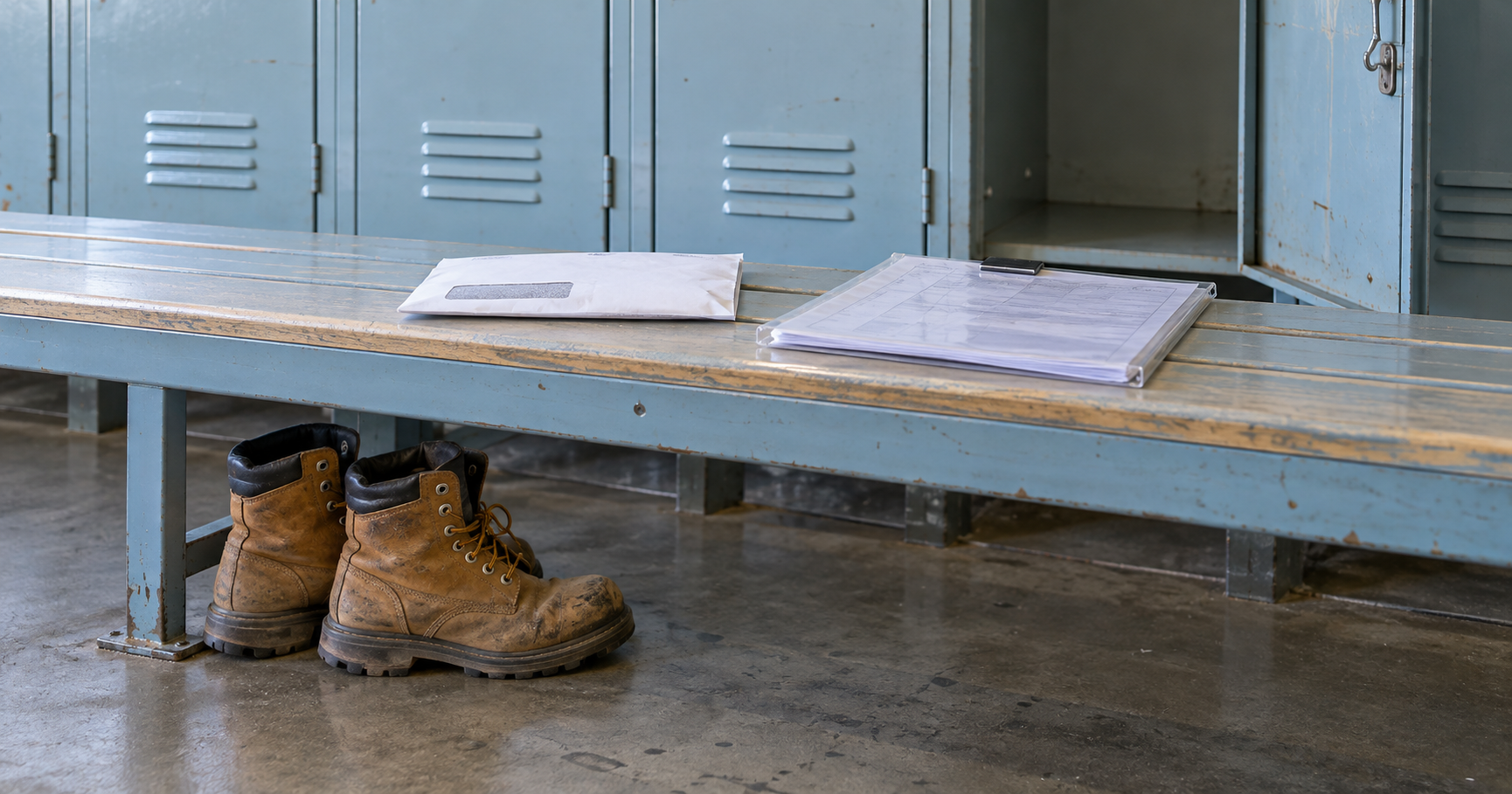 Des documents de paie sur un banc au-dessus de bottes de travail usées dans un vestiaire.