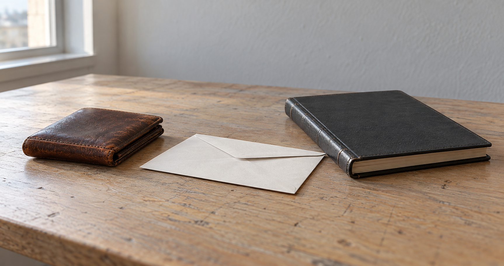 A personal wallet beside a closed business ledger and two envelopes on a wooden table.