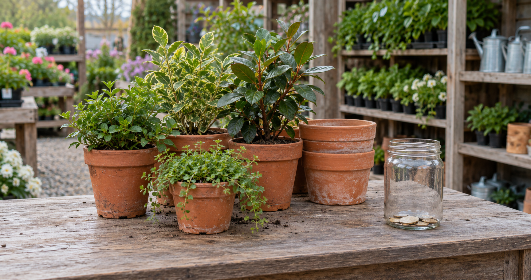 Potted plants beside a glass jar containing a few coins on a greenhouse workbench.