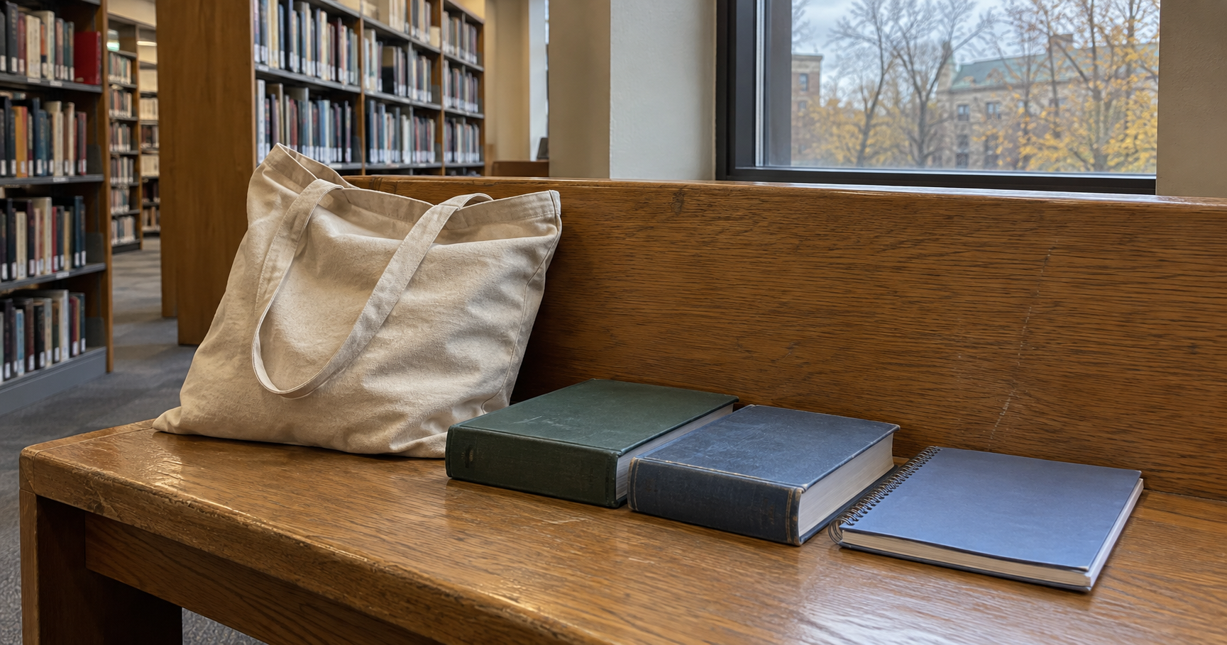 Books and a canvas bag on a wooden bench beside library shelves.