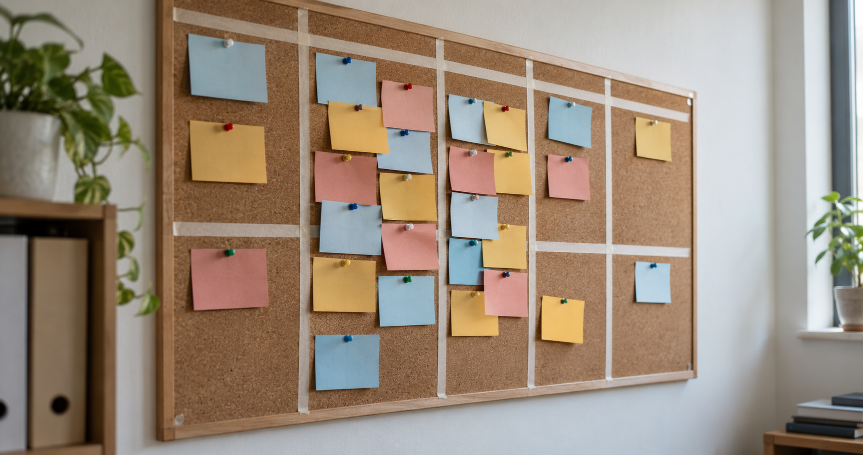 Coloured notes arranged on a cork work-planning board.