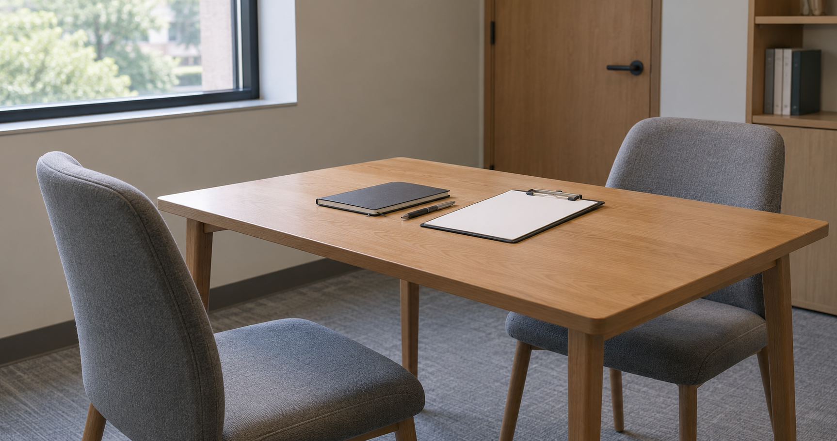 An empty meeting room with two chairs, a notebook and a clipboard on a wooden table.