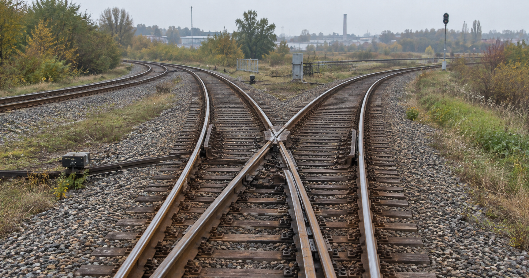 Railway tracks branching at a junction in soft morning light.