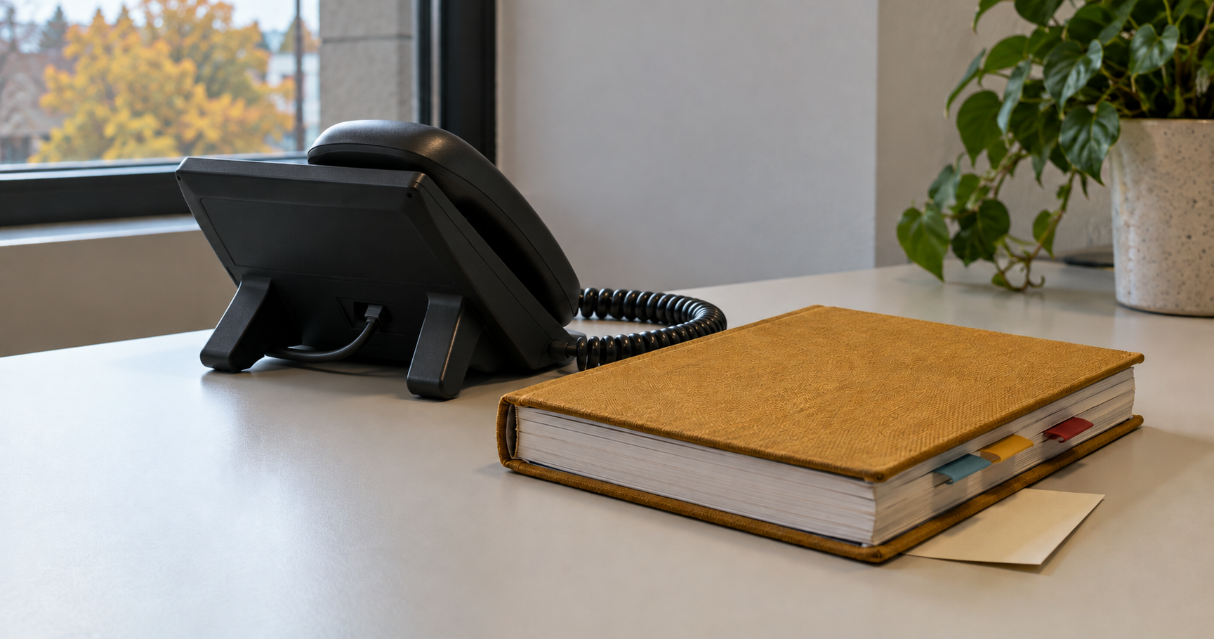 The back of a black desk telephone beside a tabbed planner by a window.