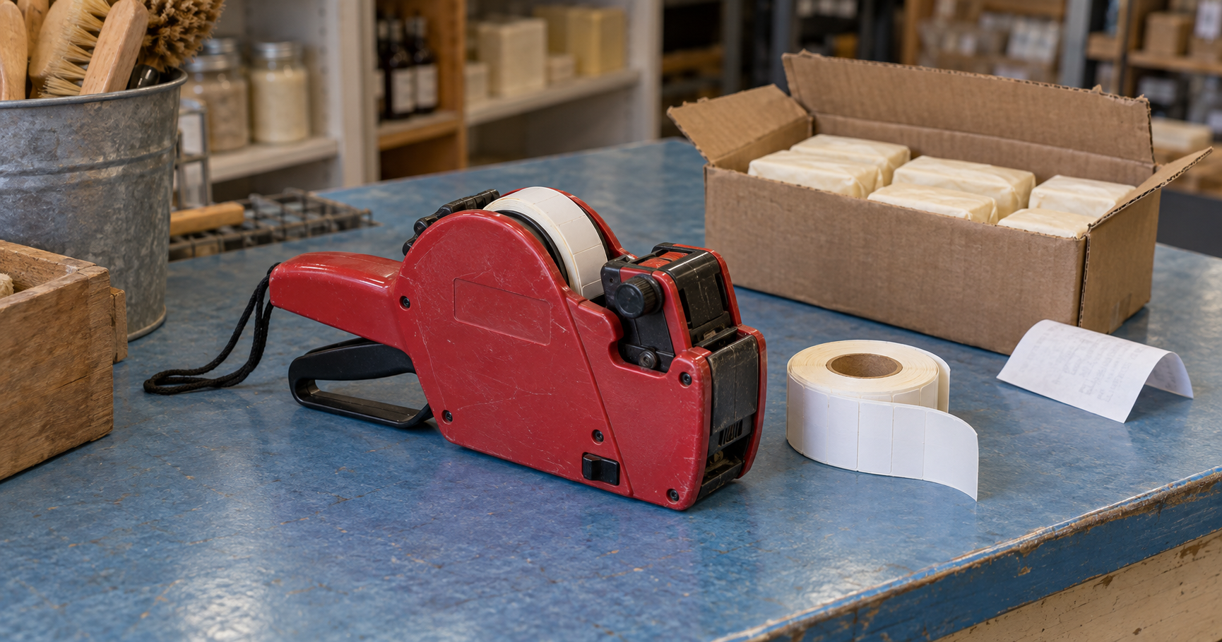 A red pricing gun beside an open carton of soap and a roll of blank labels.