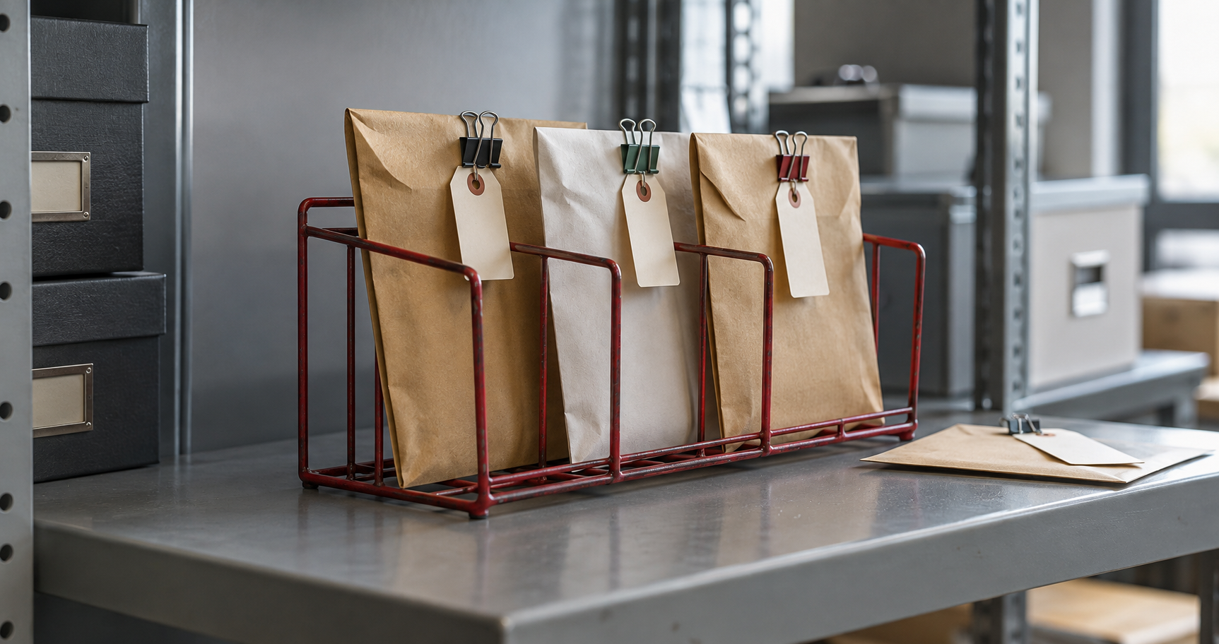 Tagged document envelopes in a red wire sorter beside filing drawers.