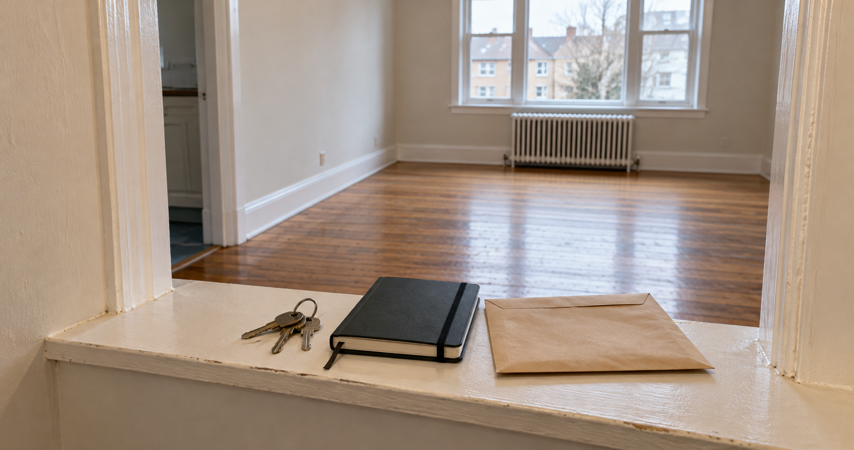 Keys, a closed notebook and an envelope on a windowsill overlooking an empty rental room.