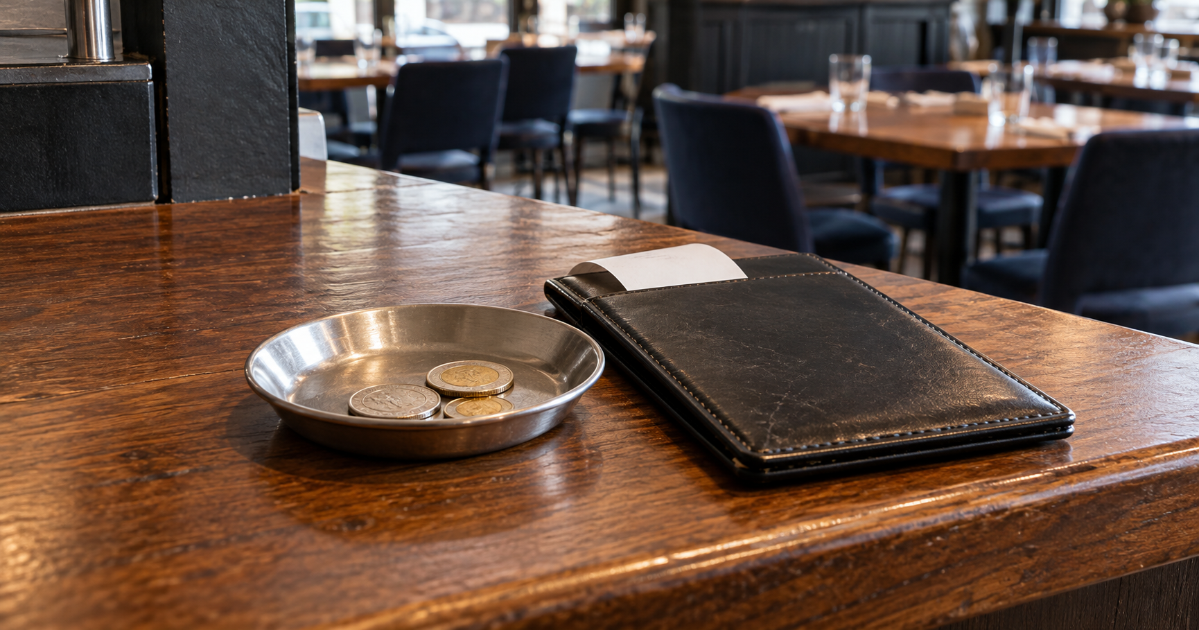 Coins in a tip dish beside a bill presenter on a restaurant table.