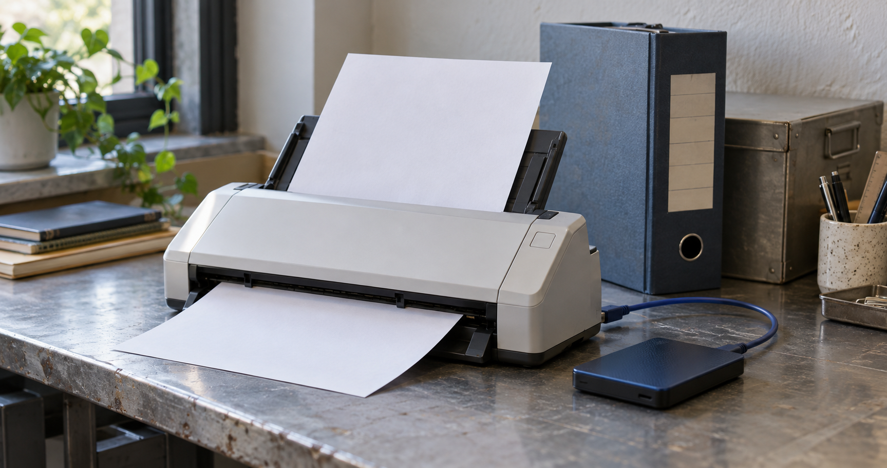 A document scanner, an external storage drive and archive folders on a desk.