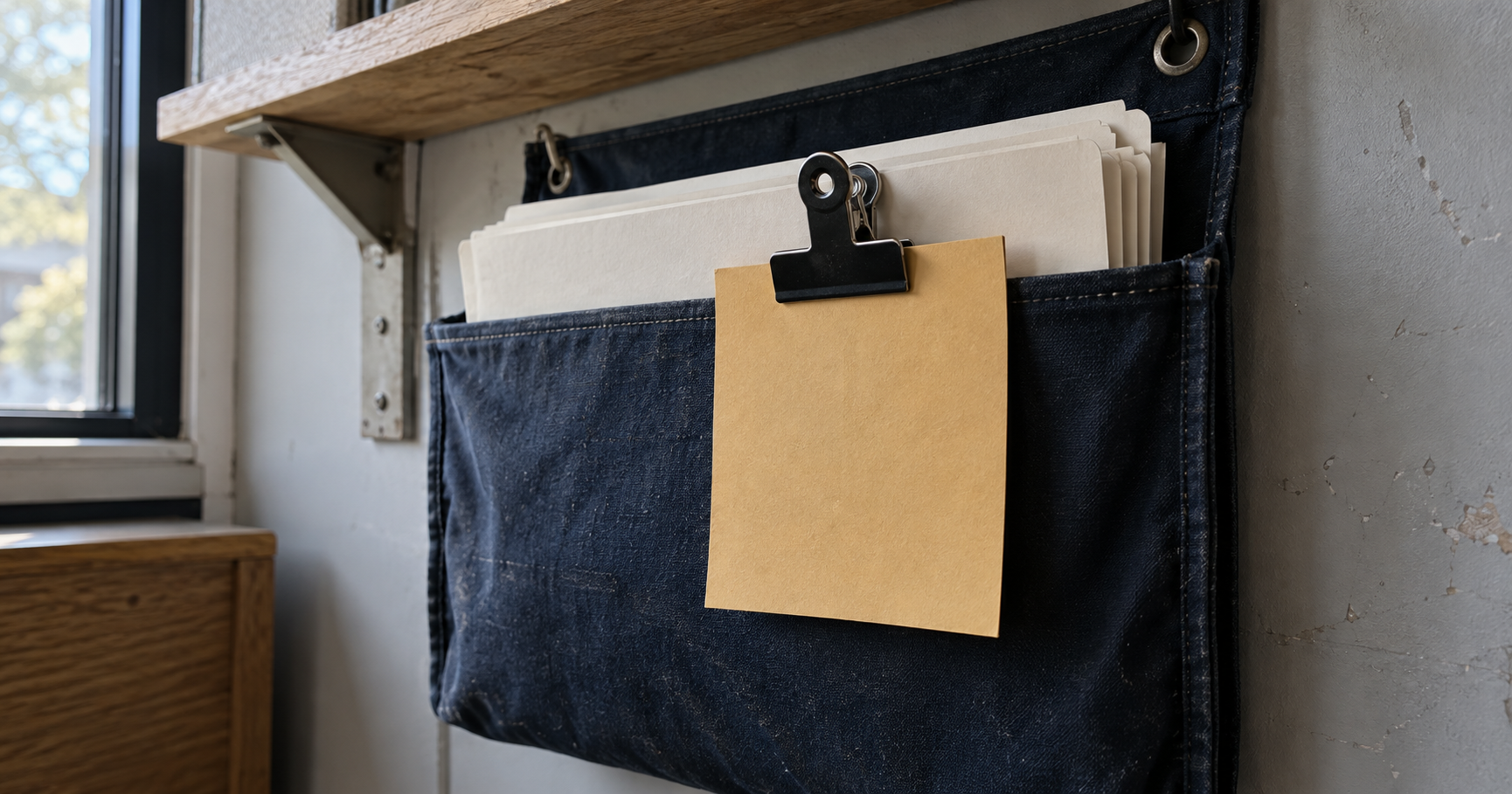 A separate blank request card clipped to a fabric document pocket.