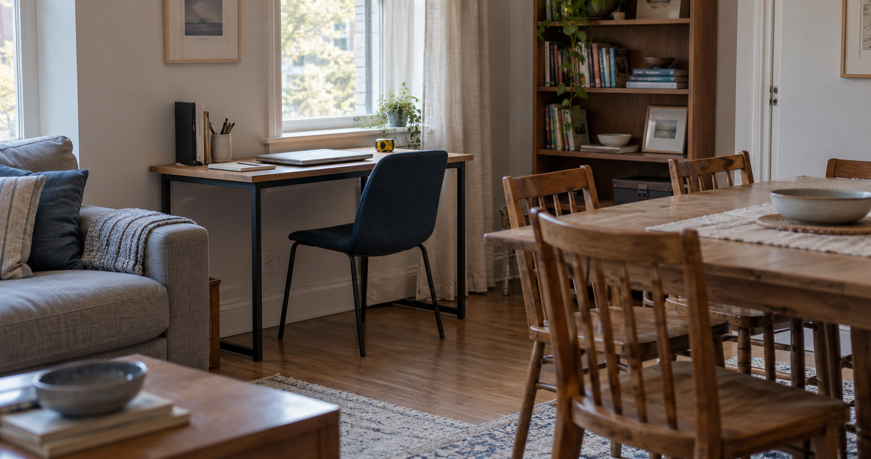 A small work desk and chair beside a sofa and dining area in a shared home living space.