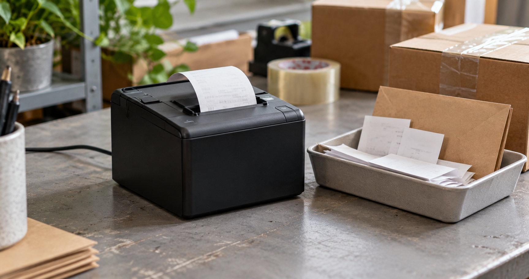 A thermal receipt printer beside a tray of paper slips and shipping parcels on a packing bench.