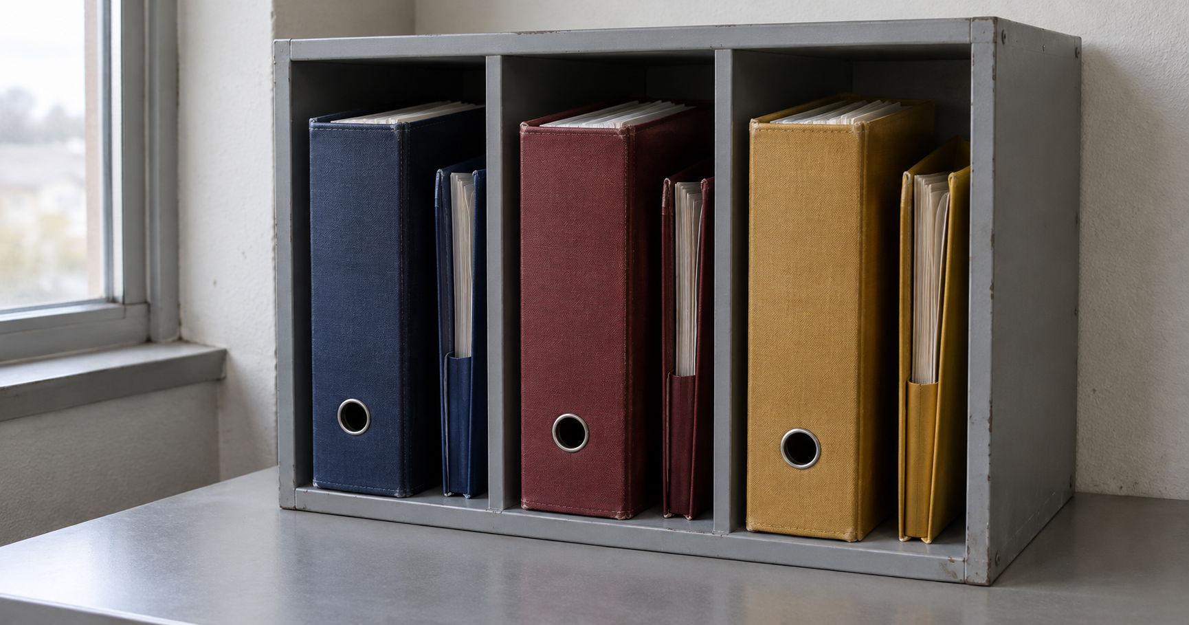 Blue, burgundy and yellow binders in separate shelf compartments.