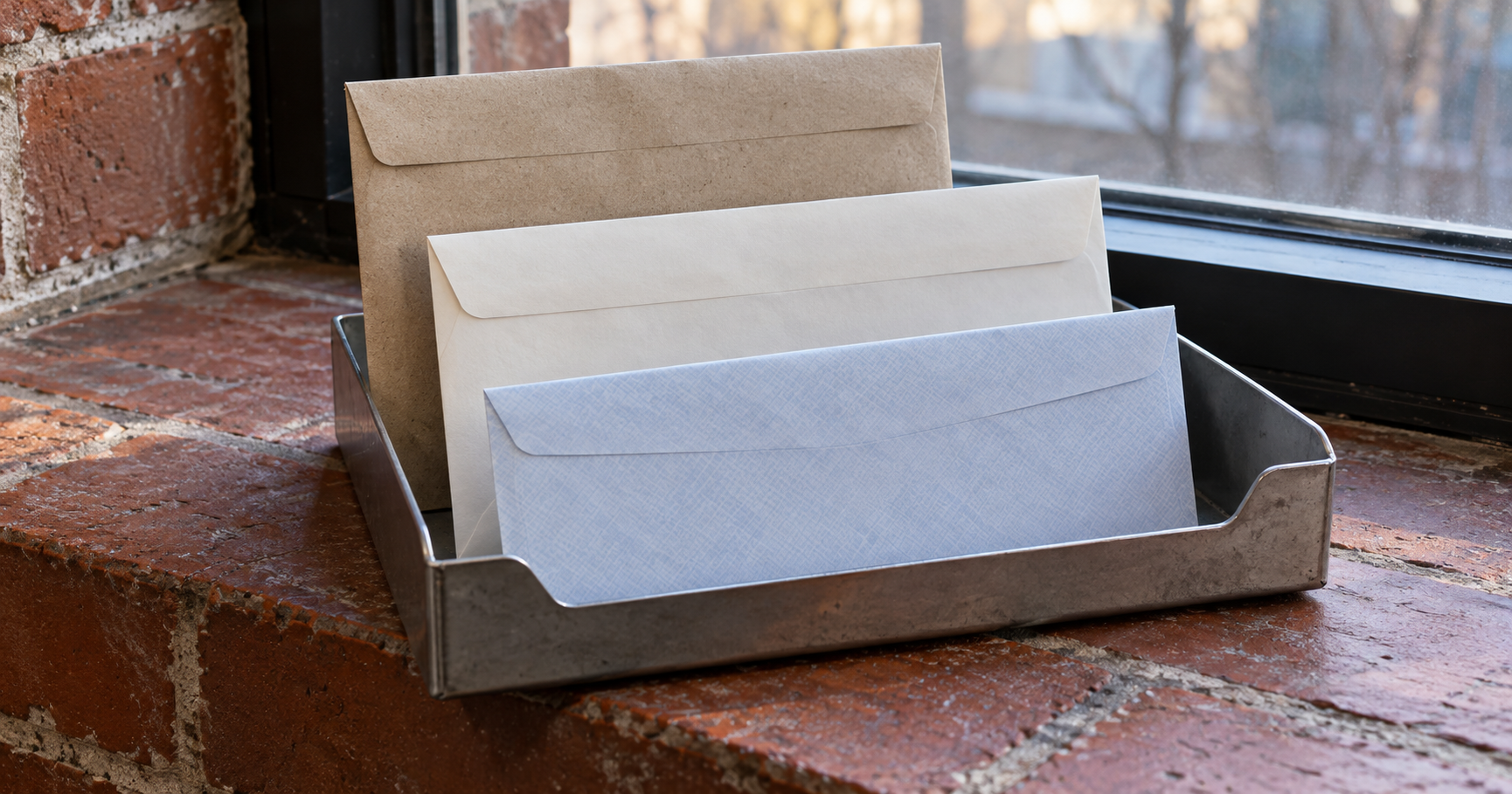 Trois enveloppes dans un bac à courrier près d’une fenêtre.