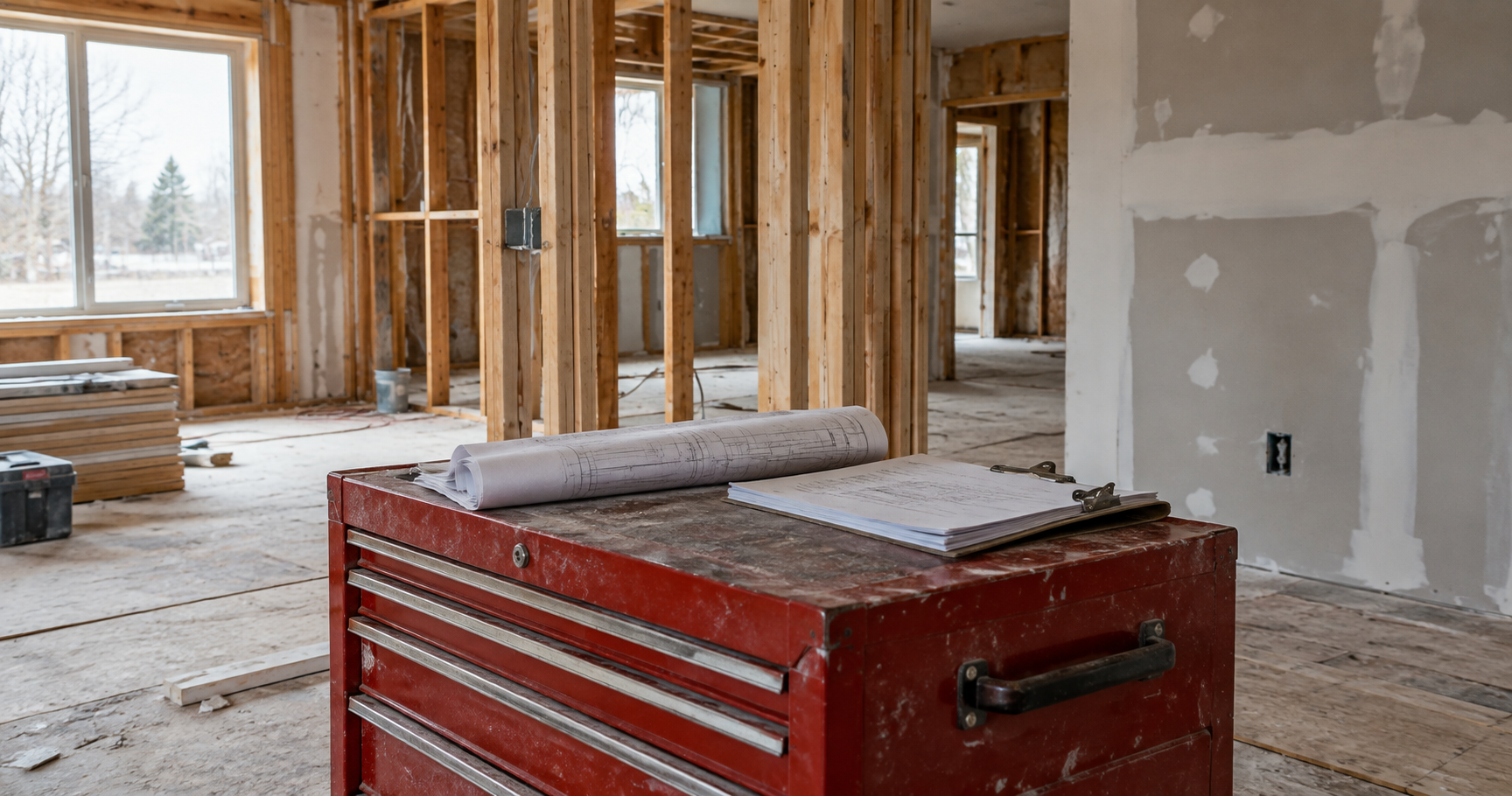 Paperwork on a red tool chest in a room undergoing renovation.