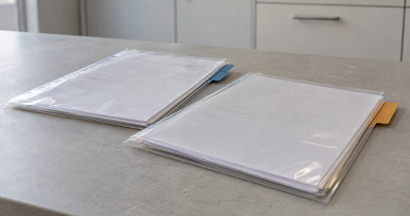 Two transparent document sleeves with different coloured tabs on a table.